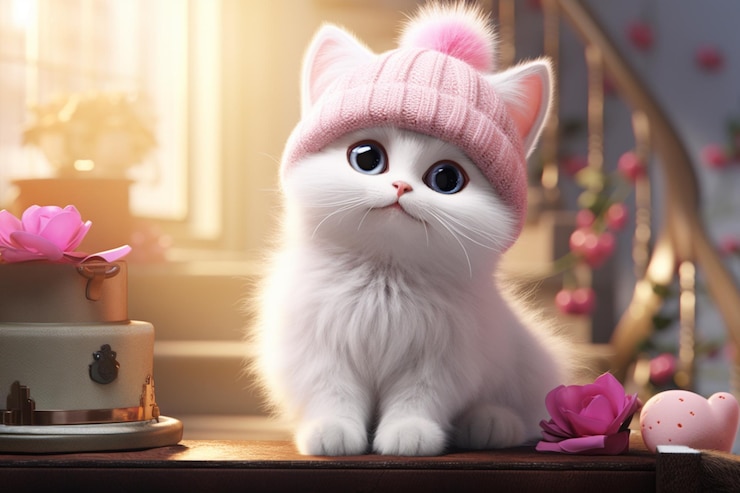 Photo a charming white cat with a pink hat featuring a heart embellishment