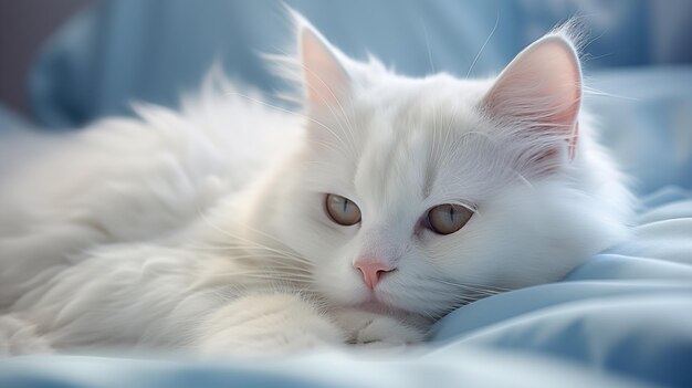 A charming white fluffy cat lies on the lightblue bed at home