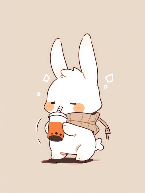 Photo charming white rabbit character from anime drinking orange juice in solid background