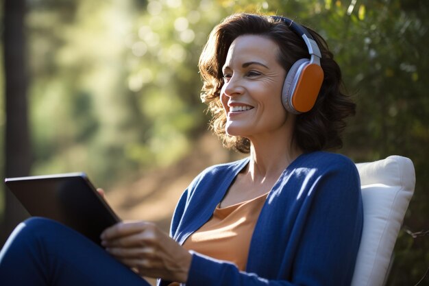 Charming woman wearing headphones and holding tablet sits in a comfortable armchair at country house