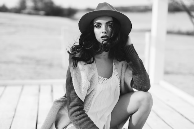 Charming woman on windy day