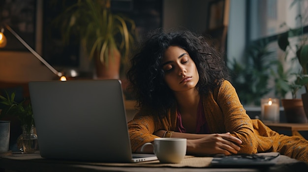 Charming woman with long curly hair wearing casual outfit sitting behind the laptop