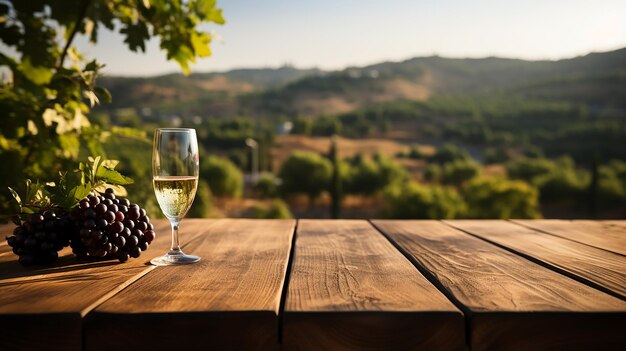 Фото Очаровательный деревянный стол с бокалом вина на размытой поверхности