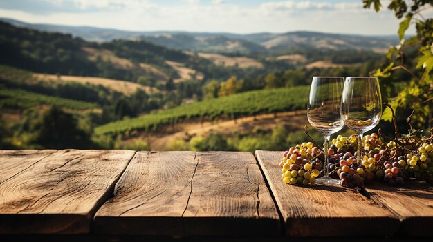 Photo charming wood table with a glass of wine on a blurred surface