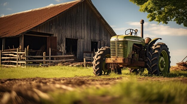 A charming wooden barn amidst rolling green fields with livestock grazing and an old tractor parked nearby