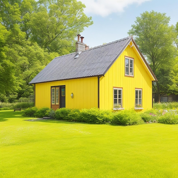 Charming yellow house with wooden windows and green grassy garden generated by ai