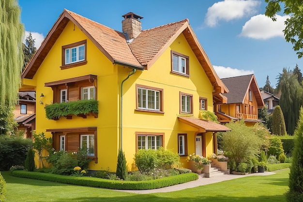 나무 창문과 푸른 잔디 정원을 갖춘 매력적인 노란색 집