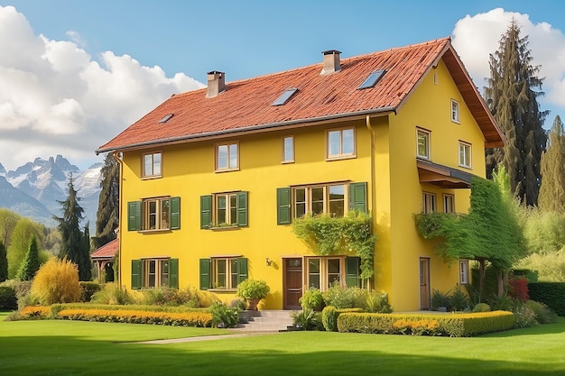 Charming yellow house with wooden windows and green grassy garden