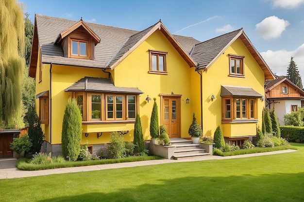 Charming yellow house with wooden windows and green grassy garden