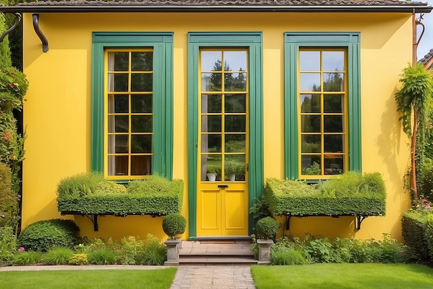 Charming yellow house with wooden windows and green grassy garden