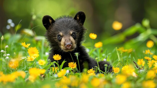 Photo a charming young bear cub is having fun on the yellowflowering grass