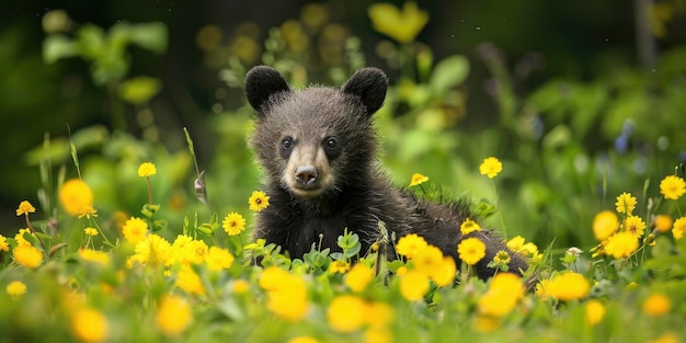 Очаровательный молодой медведь веселится на желтоцветной траве