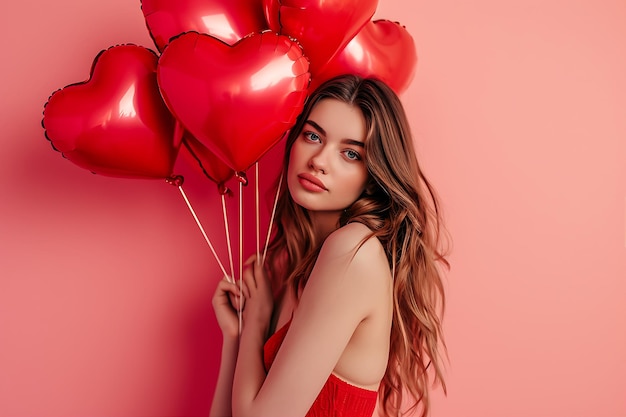 Charming Young Girl with Heart Balloons on Pink