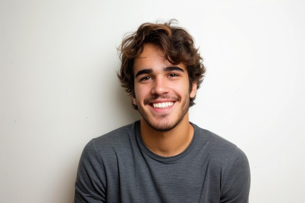 Charming Young Man Grinning Against White Backdrop