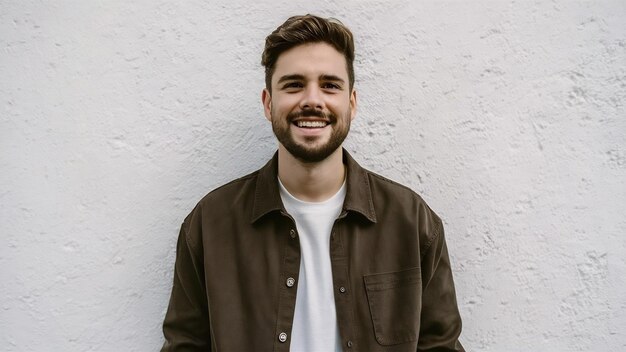 Charming young man looking at camera standing against white background