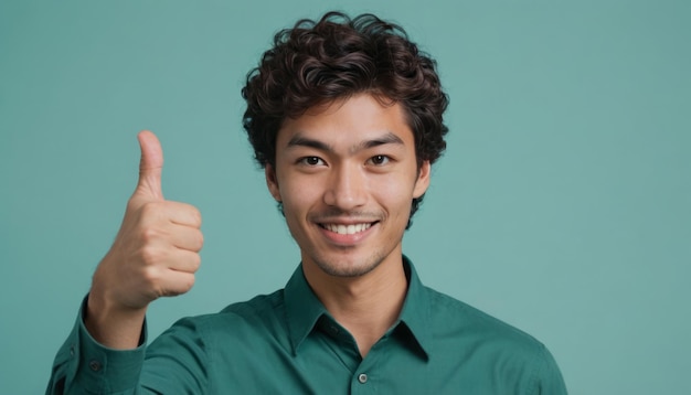 A charming young man with curly hair and a teal shirt gives a thumbs up his friendly demeanor shines