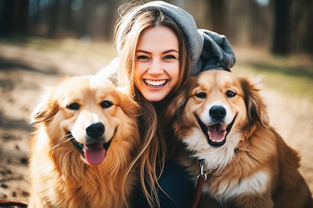 Charming young smiling girl plays and hugs two dogs Ai generative image