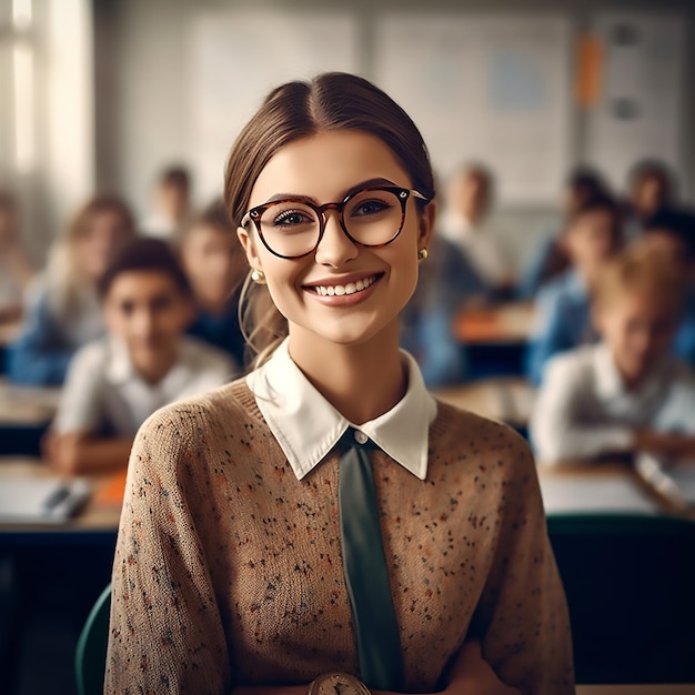 A charming young teacher wearing glasses and smiling happily in front of the classroom