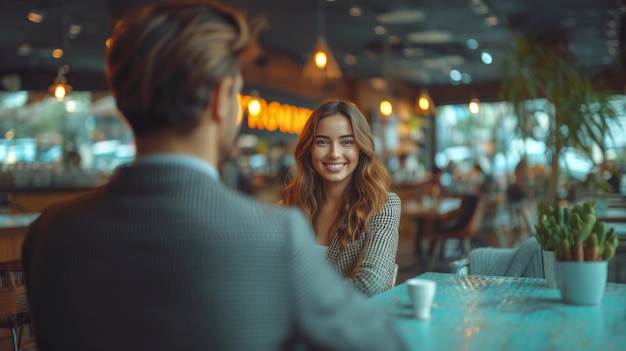 Photo charming young woman smiling during a casual business meeting in a modern cafe