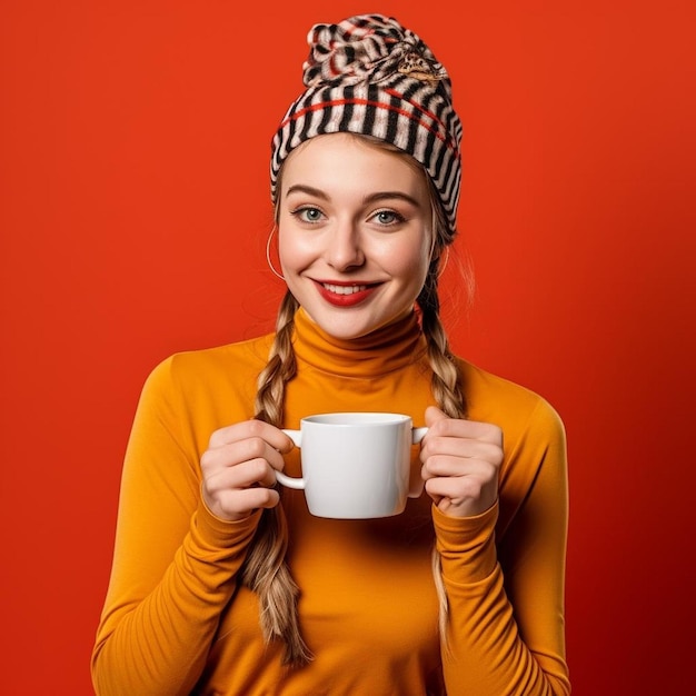 Charming young woman with pigtails wearing in red santa hat striped shirt and gloves posing with cup