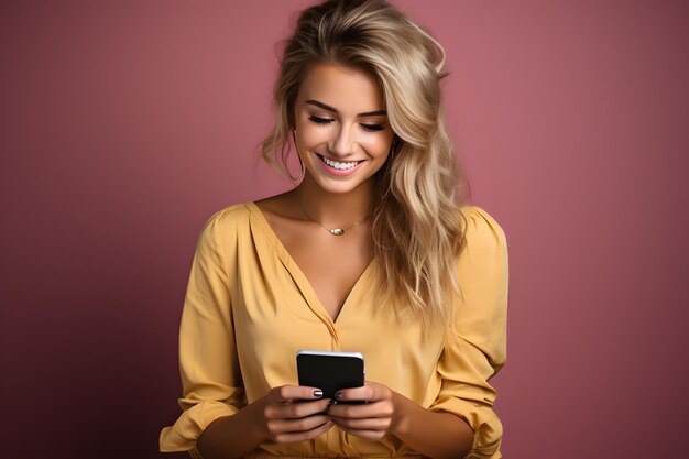 Charming young woman in a yellow blouse smiling while using her smartphone