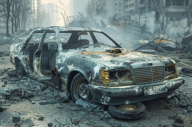 A charred car on the road