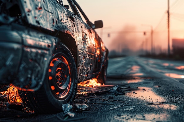 A charred car on the road