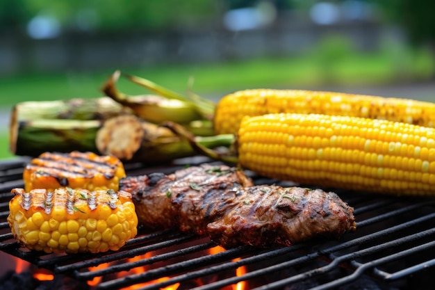 Charred corn on the cob next to bbq burgers on a grill