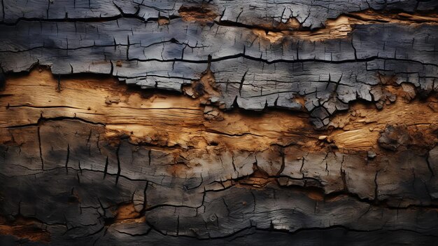 Photo charred wood bark dark texture closeup view of tree burned scratched cork background generative ai