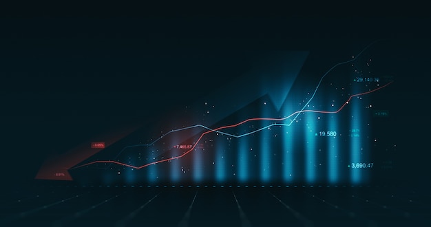 Chart of business data graph diagram and growth financial graphic report information on futuristic finance background with stock market economy infographic template.