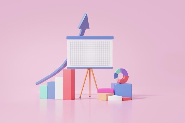 Chart financial graph economics analytics growth target planning cost reduction saving investment education concept on pink background strategy bander presentation 3d render illustration