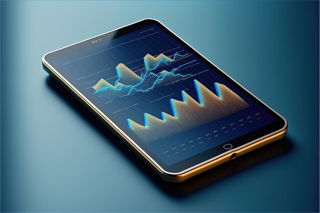 Chart on mobile screen, blue background. Generative AI