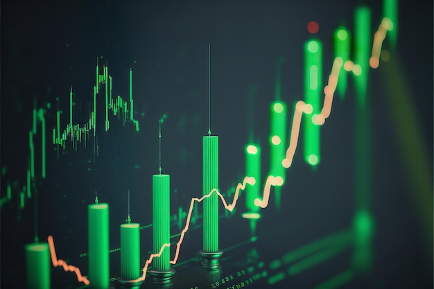 仮想通貨の価値を表す緑色のローソク足が上昇している株式市場のチャート 過去のデジタル通貨の価格変動を出来高と時間間隔ごとにグラフで表示