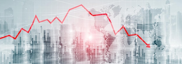 Chart with red down arrow on abstract background Falling growth in business