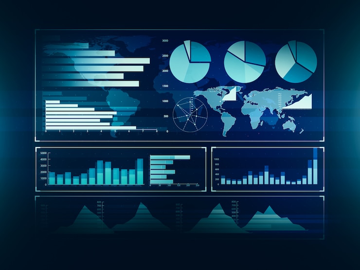 Photo chart with uptrend line graph, bar chart and diagram in bull market on dark blue background