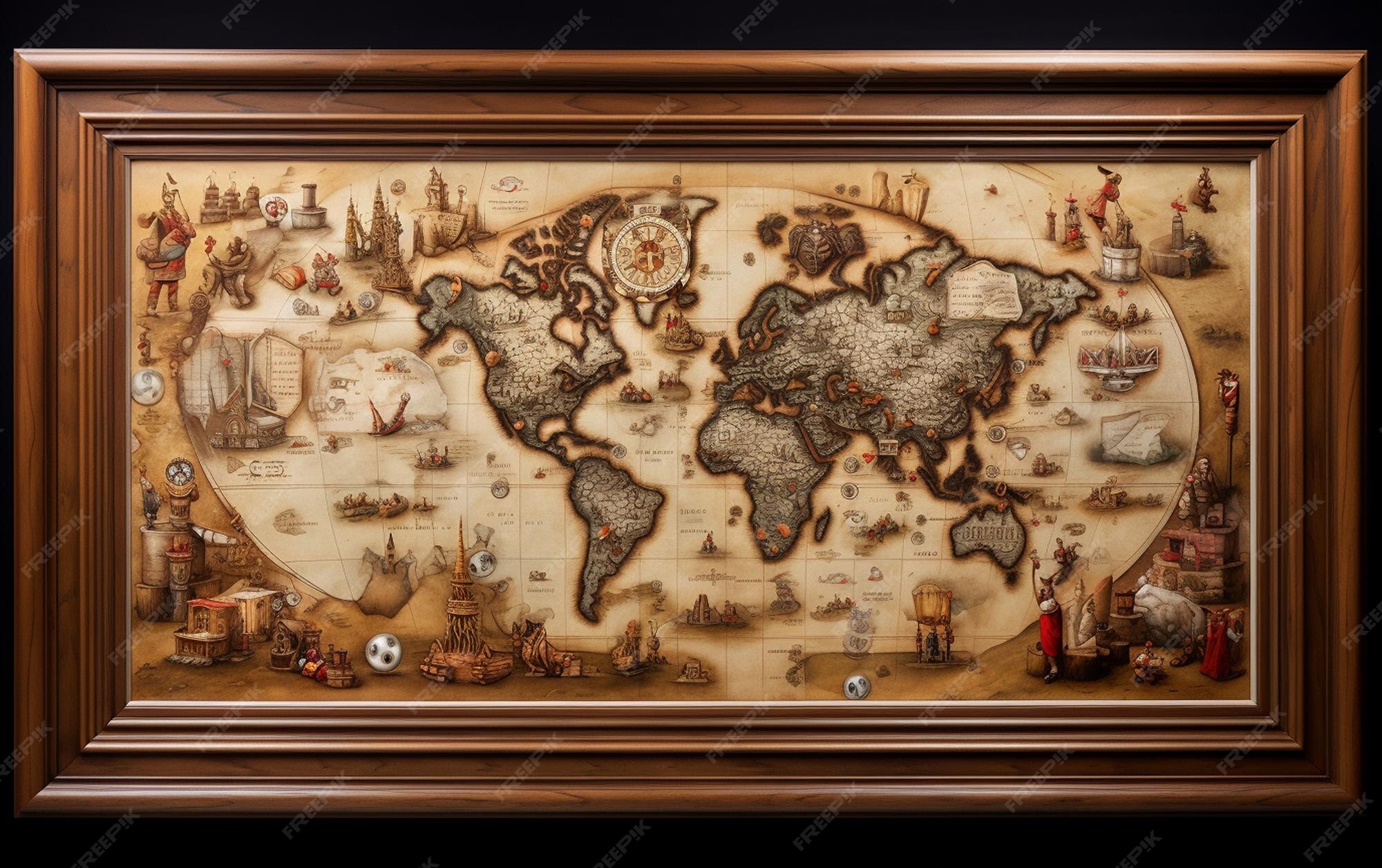 Premium AI Image  Charting Adventures of Old Framed Antique Map Journeys