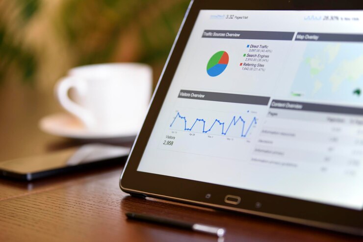 Charts and analytical data on the tablet screen with a cup of coffee and a telephone in background