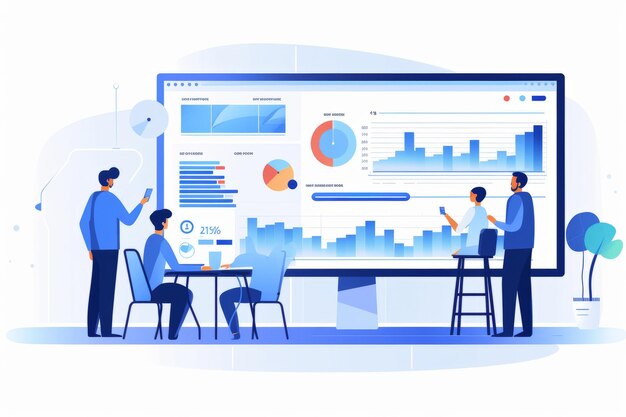 Charts on big display team analyzing illustration