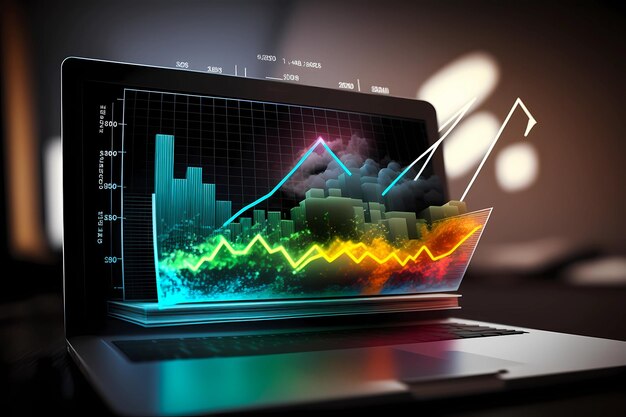 Foto grafici che escono dallo schermo di un portatile che rappresentano il successo e la crescita per gli affari o la finanza