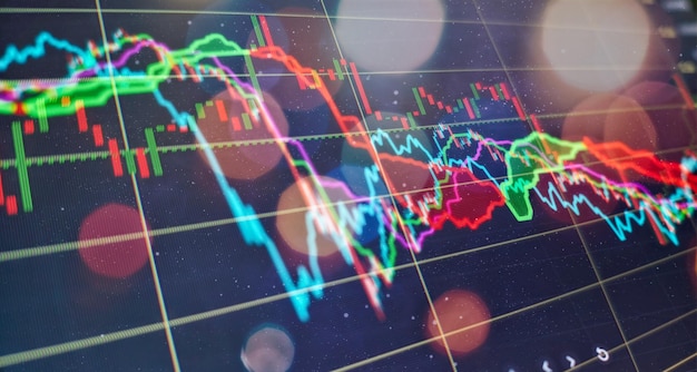 Charts of financial instruments with various type of indicators including volume analysis for professional technical analysis on the monitor of a computer