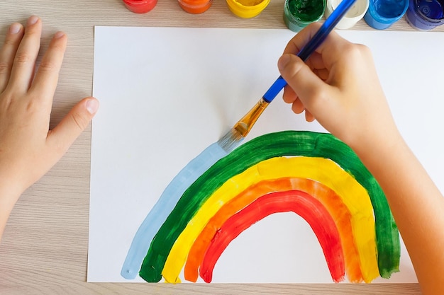 Chase the rainbow child at home draws a rainbow on the window Children create artist paints creativity vacation