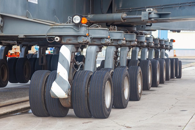 The chassis of a large truck crane Wheelbase of the crane Many wheels on the crane