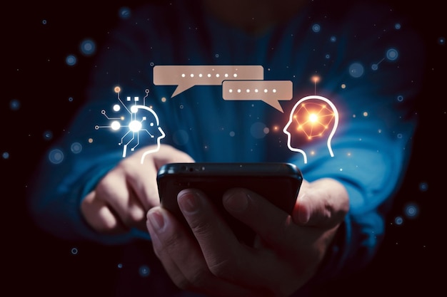 chat bot chat with ai or artificial intelligence technology man using a laptop computer chatting