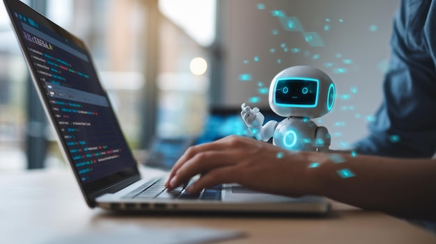 chat bot chat with ai or artificial intelligence technology woman using a laptop computer chatting