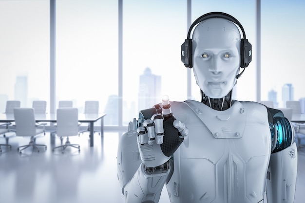 chat bot concept with 3d rendering humanoid robot with headset