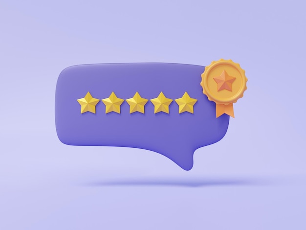 Chat bubble talk with five star score customer rating premium quality guarantee social media symbol concept floating on purple pastel background minimal cartoon warranty icon 3d render illustration