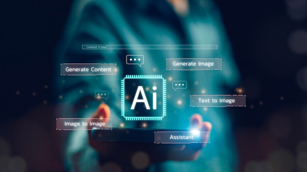 Чат с Ай Ай технология Искусственный интеллект человек использует технологию умный робот Искусственный интеллект Искусственный интеллект путем ввода командной строки для генерирует что-то.