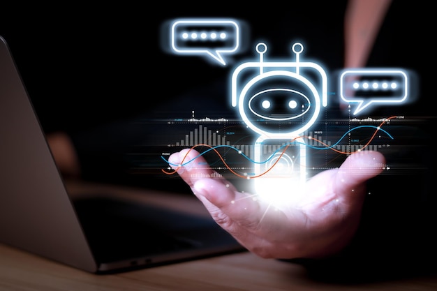 Chat con ai intelligenza artificiale uomo utilizzando tecnologia robot intelligente ai intelligenza artificiale inserendo il prompt dei comandi per genera qualcosa trasformazione tecnologica futuristica