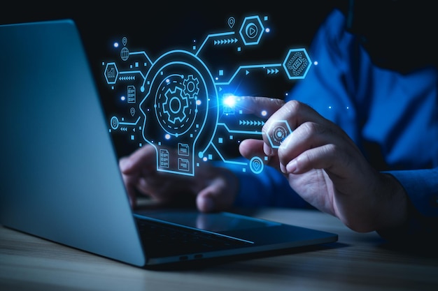 Chat with AI Artificial Intelligence man using technology smart robot AI artificial intelligence by enter command prompt for generates something Futuristic technology transformation