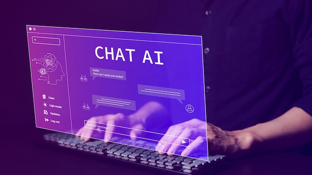 人工知能 (AI) とチャットする - 人間がラップトップコンピュータを使って知能のある人工知能とチャットし自分が望む答えを尋ねる - スマートアシスタント - フューチャリスト - チャットAI